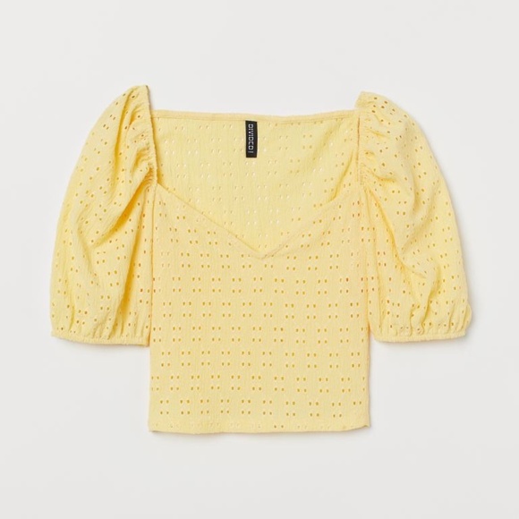 Divided by H&M Yellow Puff  Sleeve Eyelet Crop Top - Picture 1 of 9